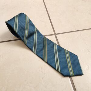 Italian Made Men's 100% Silk Tie Repp Sevenfold Blue Gold Stripe EUC Cadini